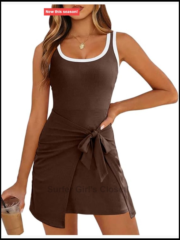 Women's Ribbed Knit Tank Dress With Front Tie Waist Sleeveless Scoop Neck